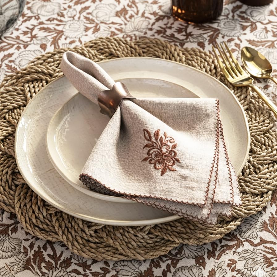Luxury Embroidered Cloth Napkins – Biscuit Lattice, Set of 6, 18x18 | Elegant Cotton Blend Dinner Napkins with Floral Motif for Holiday Tables, Thanksgiving, Christmas & Formal Dining by Unknown