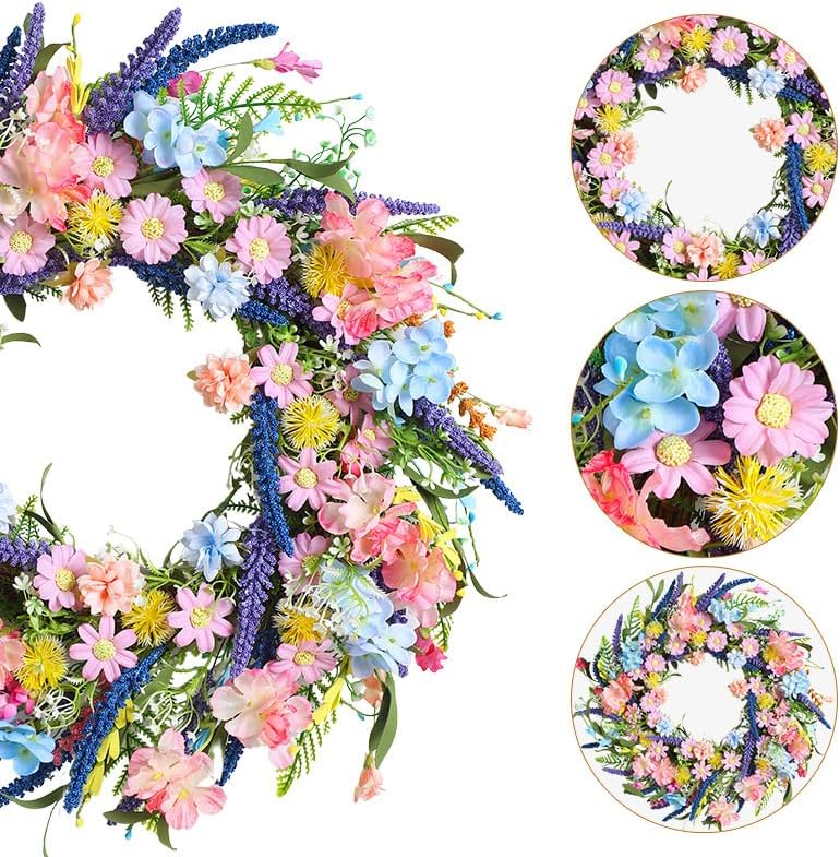 Spring Summer Wildflower Wreath for Front Door 18 Inch Artificial Colorful Flower Wreath for Indoor Outdoor Wall Festival Easter Home Farmhouse Wedding Decor (Pink) - Image 4