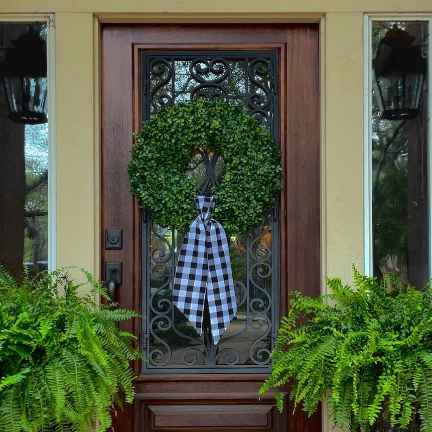 Boxwood Wreaths for Front Door Artificial Green Spring Summer Wreaths Farmhouse Door Hanger,Year Round Door Wreath Wedding and St Patricks Day Decorations Indoor Outside use- with Buffalo sash-20 - Image 4