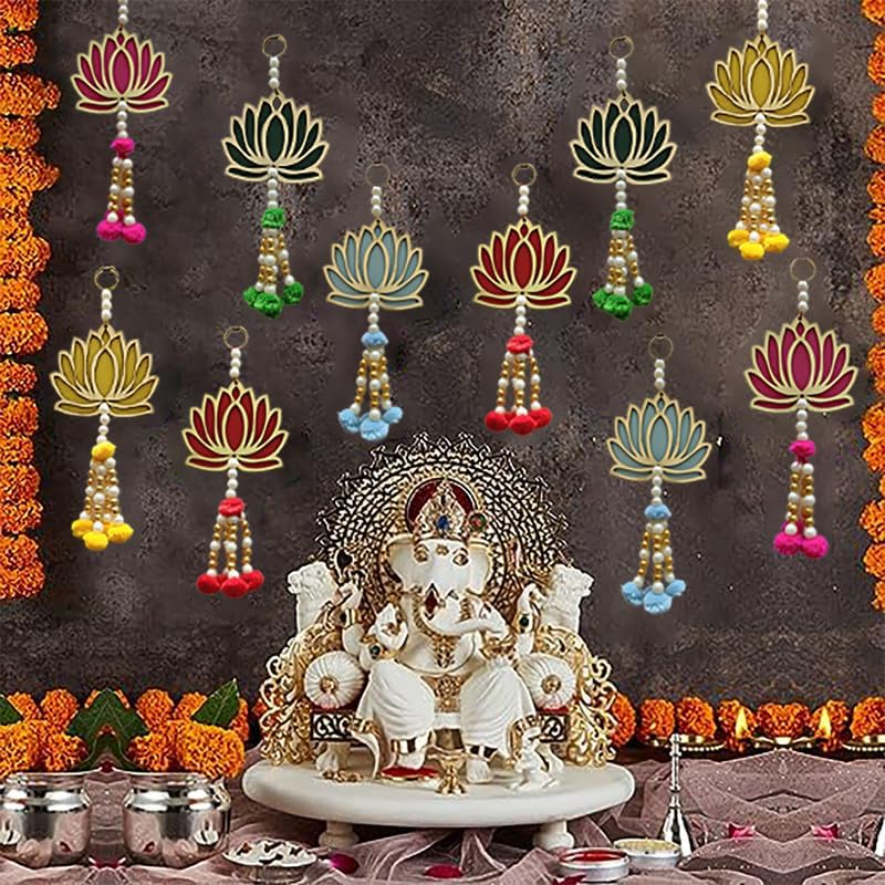 Divyakosh Wood Handmade Lotus Multicolor, Pom Pom Style, Pack of 10, for Ganpati Decor, Diwali Decoration, VAR Laxmi Vrat| Wall Hangings for Home Decoration, Temple Decor | - Image 3