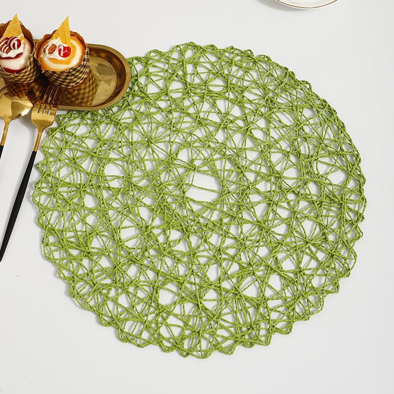 IcosaMro Round Woven Placemats Set of 12 for Dining Table, 15 Inches Paper Boho Decorative Circle Place Mats for Wedding Christmas Thanksgiving Day Holiday Dinner (Green) - Image 4