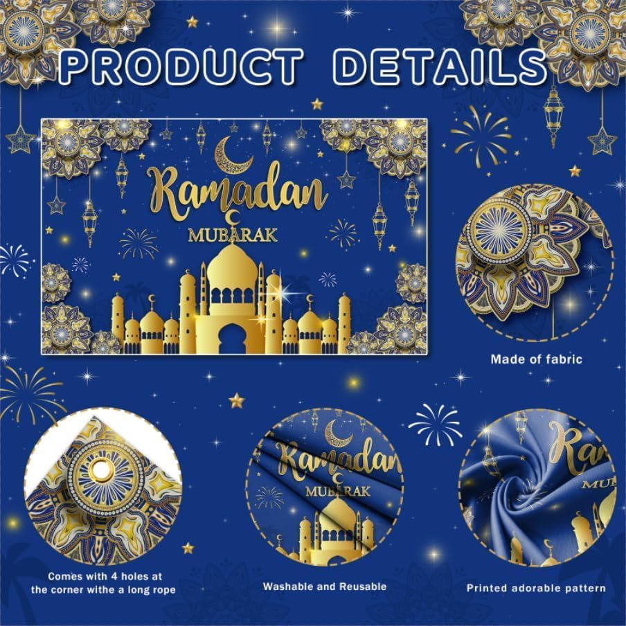 AIBIIN 8X6ft Ramadan Mubarak Backdrop Blue Gold Muslim Kareem Banner Eid Al-Adha Mubarak Party Decorations Banner Photo Shoot Props - Image 2