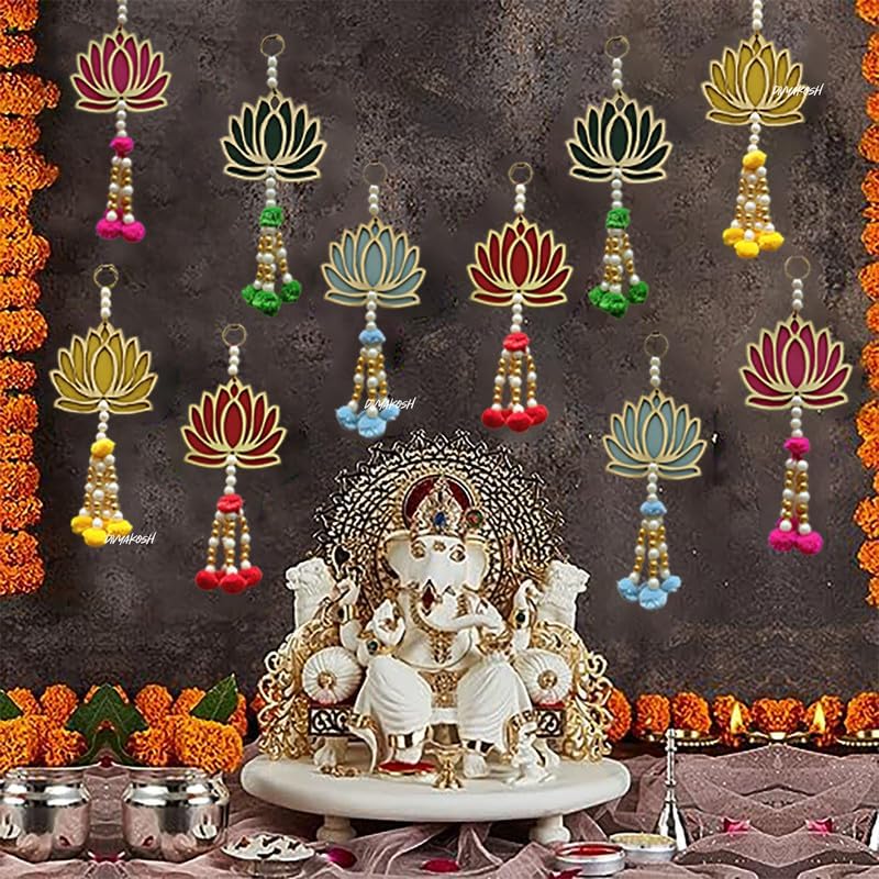 Divyakosh Wood Handmade Lotus Multicolor, Pom Pom Style, Pack of 10, for Ganpati Decor, Diwali Decoration, VAR Laxmi Vrat| Wall Hangings for Home Decoration, Temple Decor | by Divyakosh