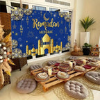 AIBIIN 8X6ft Ramadan Mubarak Backdrop Blue Gold Muslim Kareem Banner Eid Al-Adha Mubarak Party Decorations Banner Photo Shoot Props - Image 3