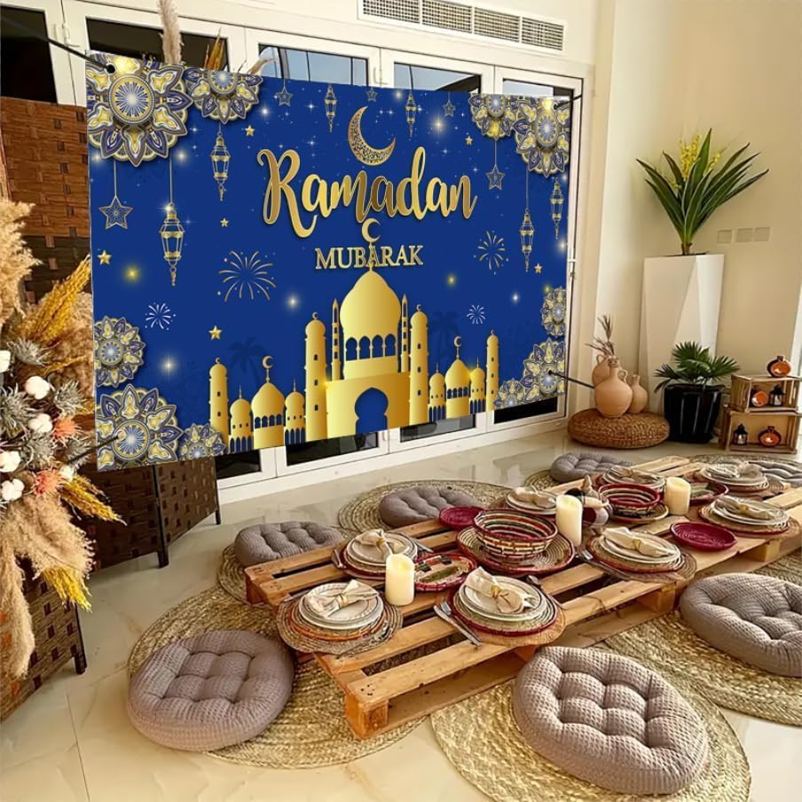 AIBIIN 8X6ft Ramadan Mubarak Backdrop Blue Gold Muslim Kareem Banner Eid Al-Adha Mubarak Party Decorations Banner Photo Shoot Props - Image 3