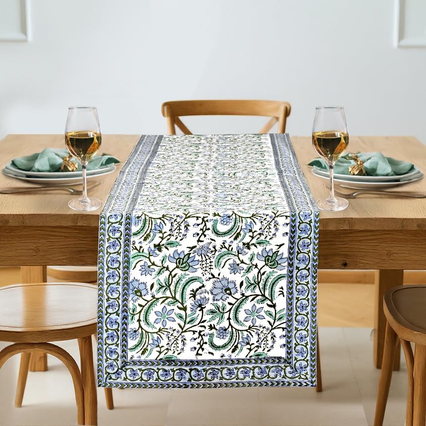 Ridhi Hand Block Print Table Runner Columbia Blue 16x106 Inch 100% Cotton by Ridhi