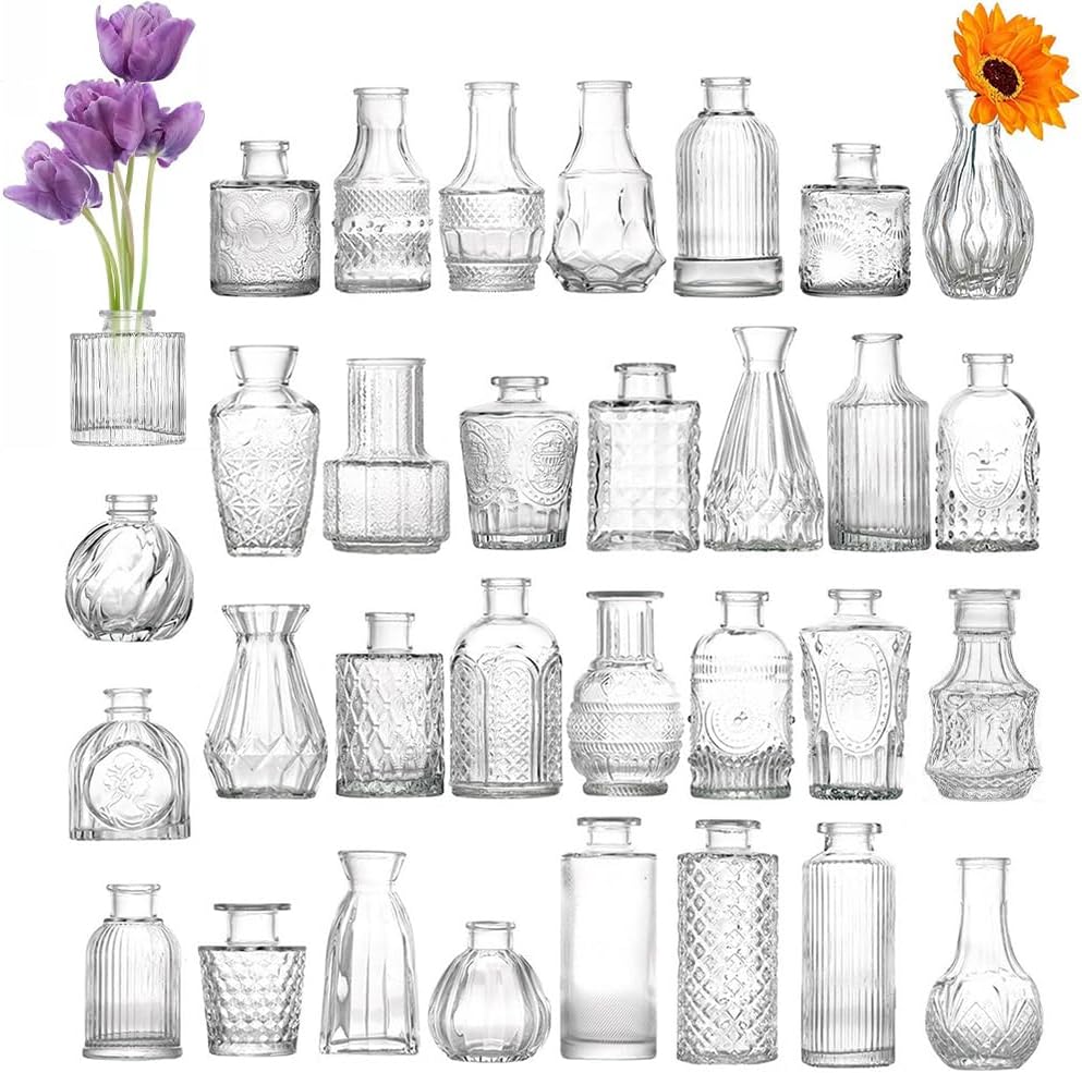 32 Pack Glass Bud Vase Set, Small Flower Vase Set Bud Vases for Wedding Centerpiece Table Decor, Vintage Small Vases for Room Home Dining Party Table Center Decor (Clear Set, 32 Pack) by JCNART