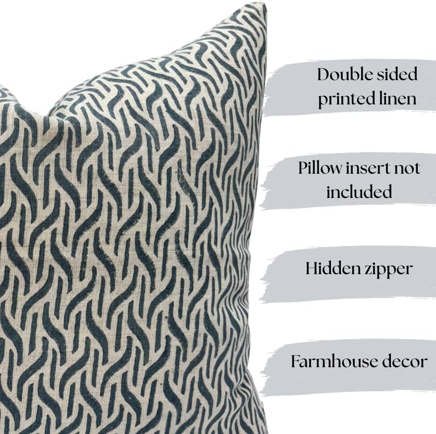 Decorative Pillow Cover French Country Pillow Cover Cottage Decor Floral Block Print, Farmhouse Decorative Cushion Cover, Spring Pillow Cover Line and Loop (Airforce Blue) - Image 3