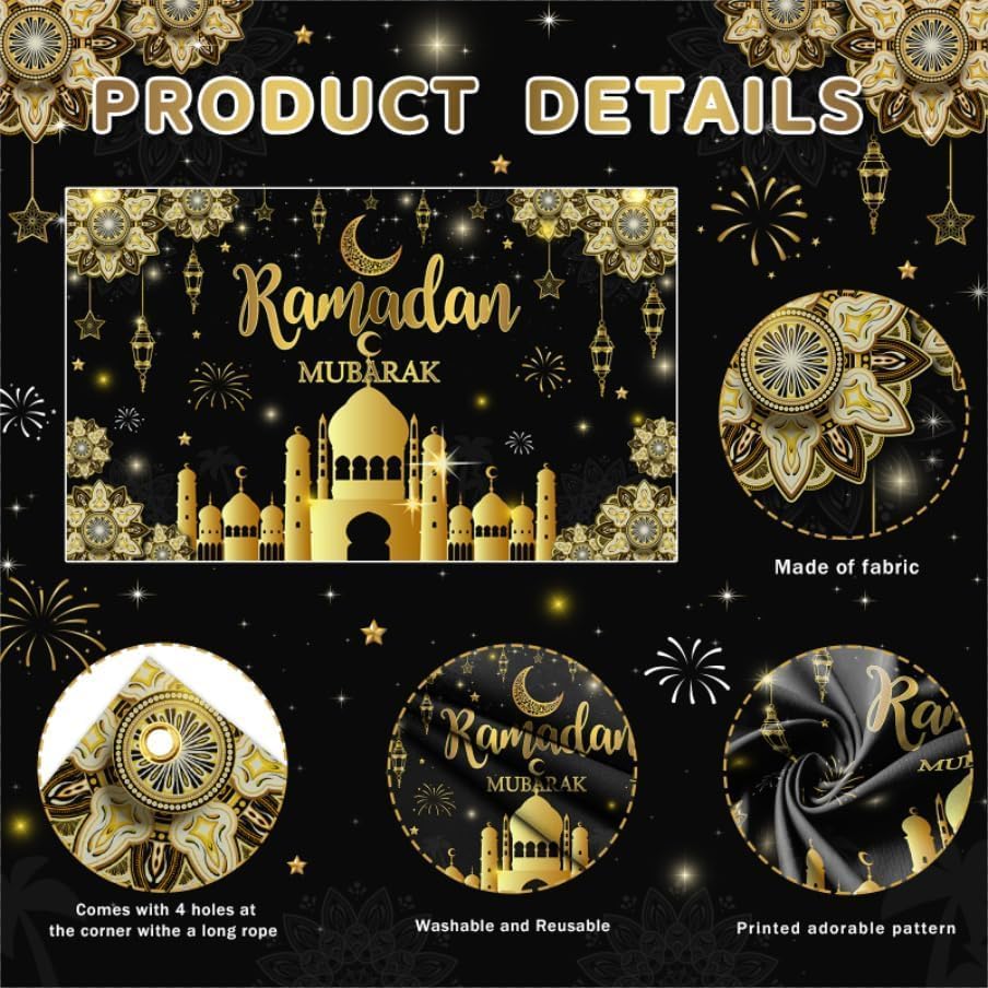 AIBIIN 8X6ft Ramadan Mubarak Backdrop Black Gold Muslim Kareem Banner Eid Al-Adha Mubarak Party Decorations Banner Photo Shoot Props - Image 2