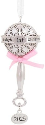 Hallmark Baby's First Christmas Silver Rattle with Pink Ribbon 2025 Christmas Ornament, Metal, New Baby Gifts by Hallmark