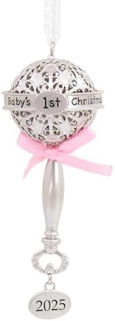 Hallmark Baby's First Christmas Silver Rattle with Pink Ribbon 2025 Christmas Ornament, Metal, New Baby Gifts by Hallmark